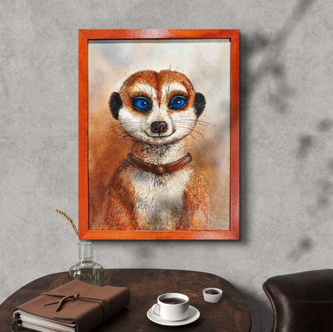 Acrylgemälde eines Erdmännchens in Frontalansicht mit warmen Braun-, Ocker- und Beigetönen vor hellem Hintergrund; der zentrale Gesichtsbereich ist im vorliegenden Bild durch eine graue Fläche verdeckt.