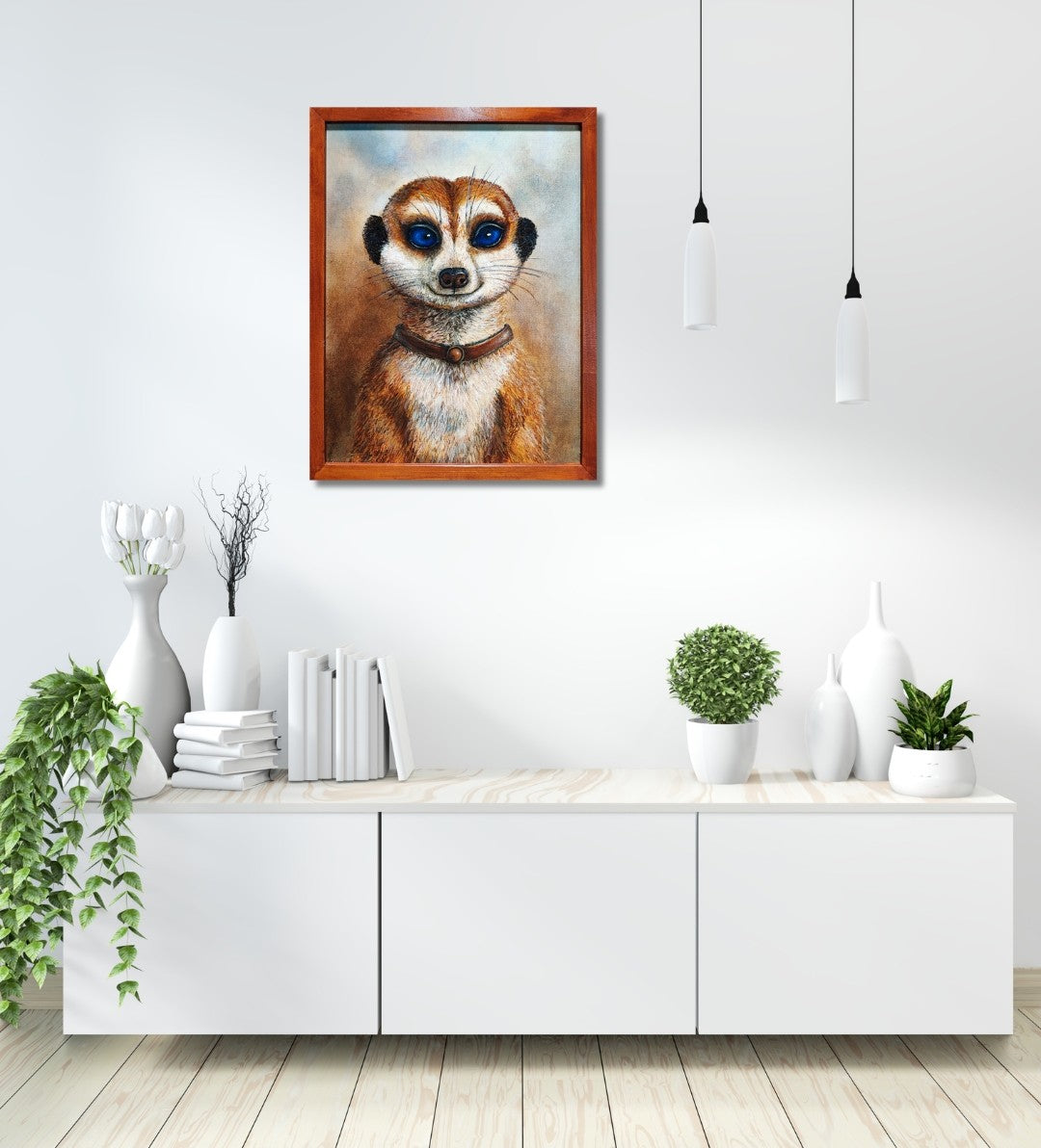Acrylgemälde eines Erdmännchens in Frontalansicht mit warmen Braun-, Ocker- und Beigetönen vor hellem Hintergrund; der zentrale Gesichtsbereich ist im vorliegenden Bild durch eine graue Fläche verdeckt.