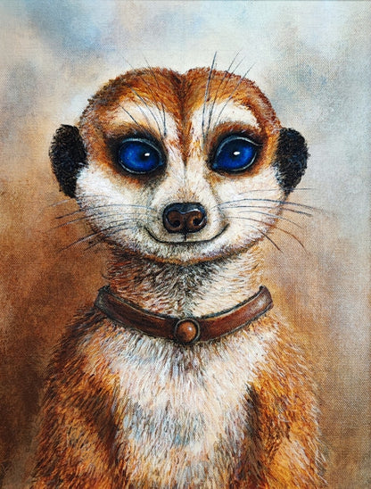 Acrylgemälde eines Erdmännchens in Frontalansicht mit warmen Braun-, Ocker- und Beigetönen vor hellem Hintergrund; der zentrale Gesichtsbereich ist im vorliegenden Bild durch eine graue Fläche verdeckt.