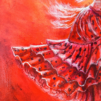 Acrylgemälde eines Flamingos mit ausgebreiteten Flügeln in einem roten Flamenco-Kleid vor leuchtend orange-rotem Hintergrund, gerahmt in einem dunkelbraunen Schattenfugenrahmen.