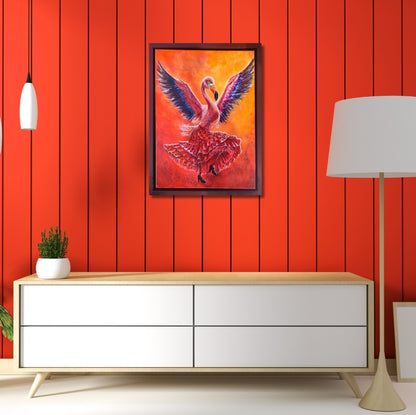 Acrylgemälde eines Flamingos mit ausgebreiteten Flügeln in einem roten Flamenco-Kleid vor leuchtend orange-rotem Hintergrund, gerahmt in einem dunkelbraunen Schattenfugenrahmen.