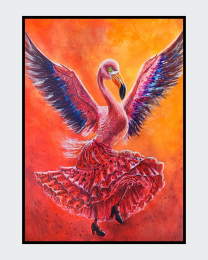 Acrylgemälde eines Flamingos mit ausgebreiteten Flügeln in einem roten Flamenco-Kleid vor leuchtend orange-rotem Hintergrund, gerahmt in einem dunkelbraunen Schattenfugenrahmen.