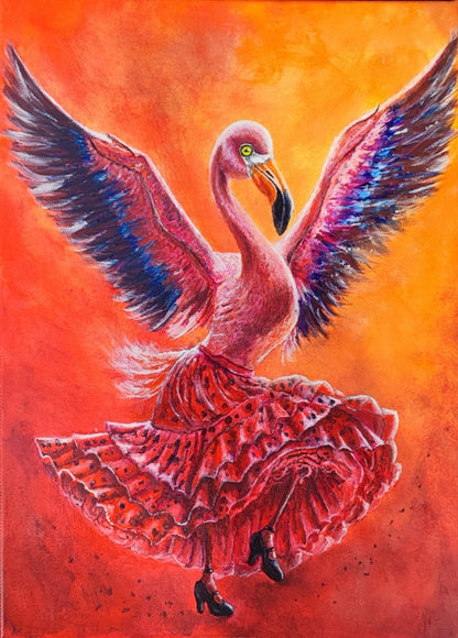 Acrylgemälde eines Flamingos mit ausgebreiteten Flügeln in einem roten Flamenco-Kleid vor leuchtend orange-rotem Hintergrund, gerahmt in einem dunkelbraunen Schattenfugenrahmen.