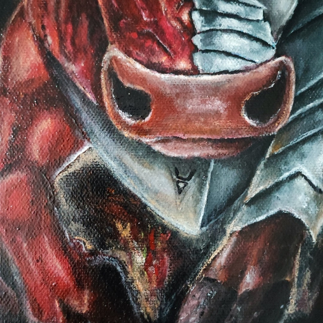Acrylgemälde eines geflügelten Stiers in Rot und Silber mit Hörnern und rüstungsartiger Körperhälfte vor dunklem Hintergrund mit Flammen, gerahmt in einem breiten schwarzen Schattenfugenrahmen.