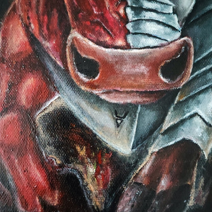 Acrylgemälde eines geflügelten Stiers in Rot und Silber mit Hörnern und rüstungsartiger Körperhälfte vor dunklem Hintergrund mit Flammen, gerahmt in einem breiten schwarzen Schattenfugenrahmen.