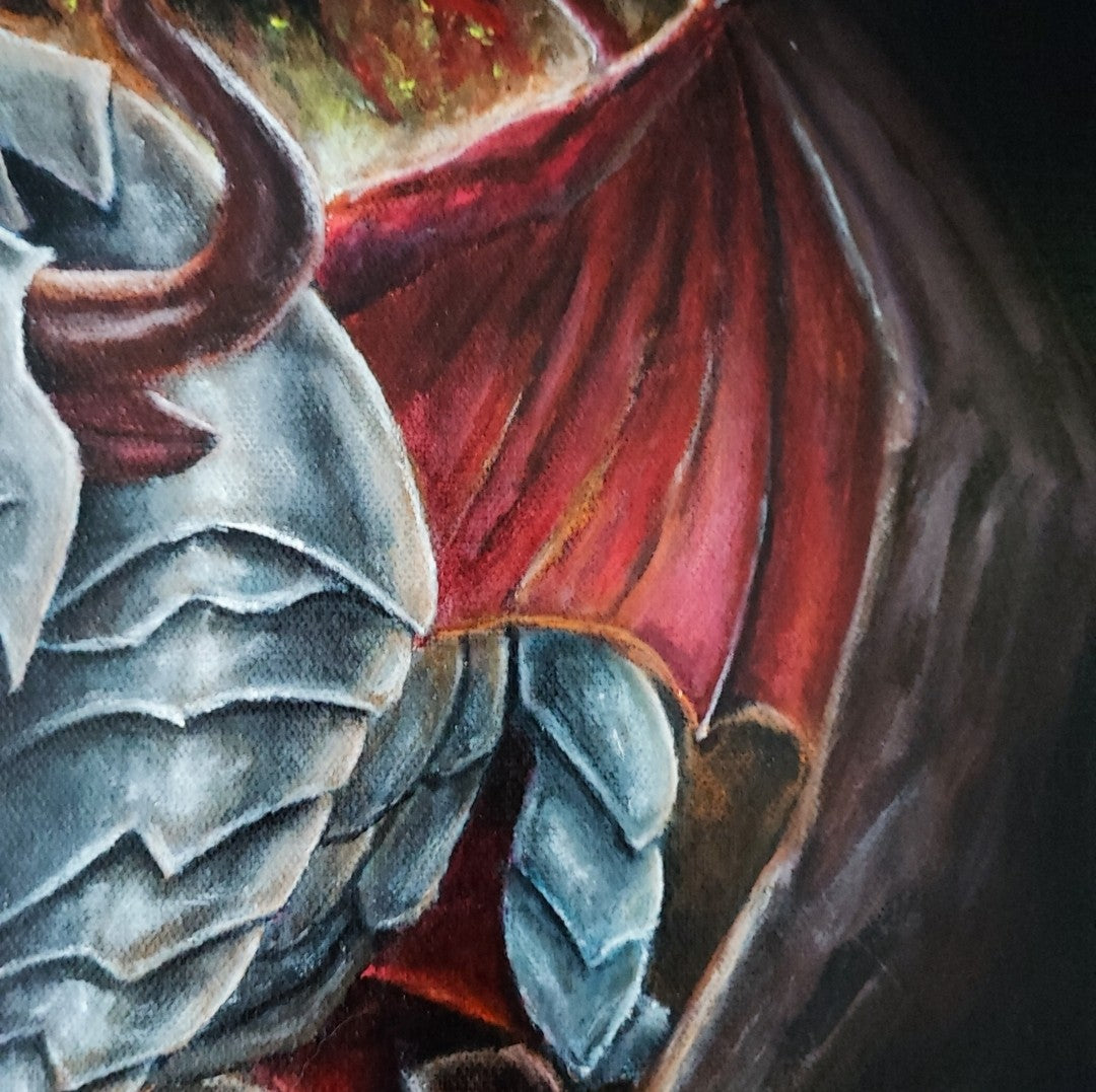 Acrylgemälde eines geflügelten Stiers in Rot und Silber mit Hörnern und rüstungsartiger Körperhälfte vor dunklem Hintergrund mit Flammen, gerahmt in einem breiten schwarzen Schattenfugenrahmen.