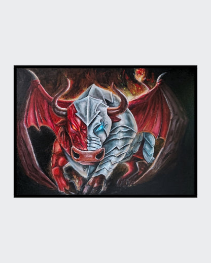Acrylgemälde eines geflügelten Stiers in Rot und Silber mit Hörnern und rüstungsartiger Körperhälfte vor dunklem Hintergrund mit Flammen, gerahmt in einem breiten schwarzen Schattenfugenrahmen.