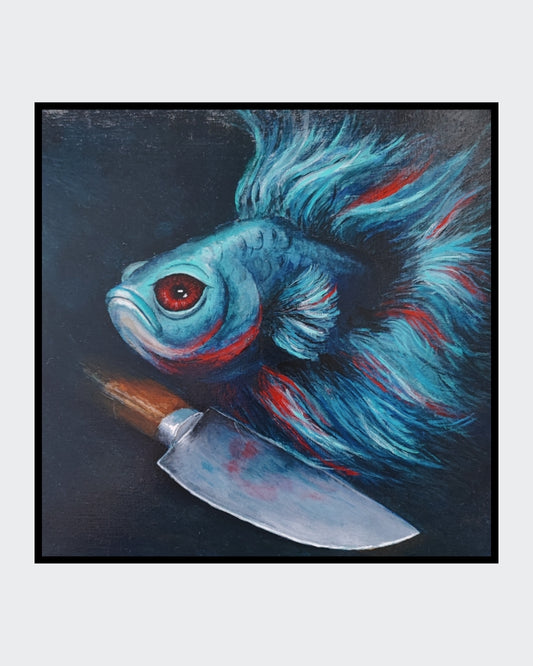 Acrylgemälde eines blau-türkisen Siamesischen Kampffischs mit roten Akzenten vor dunklem Hintergrund, darunter eine silberne Messerklinge, gerahmt in einem Schattenfugenrahmen.