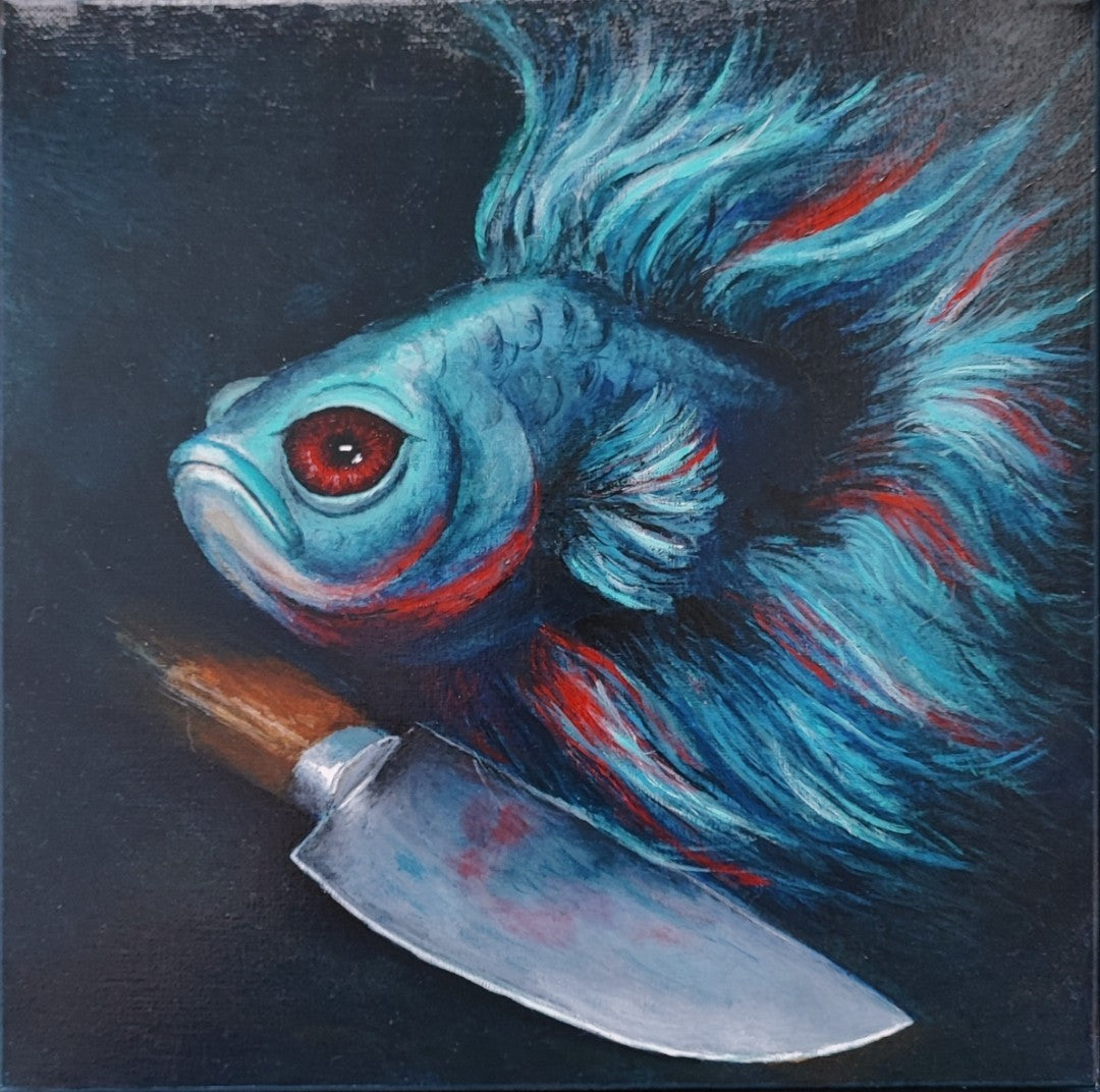 Acrylgemälde eines blau-türkisen Siamesischen Kampffischs mit roten Akzenten vor dunklem Hintergrund, darunter eine silberne Messerklinge, gerahmt in einem Schattenfugenrahmen.