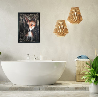 Acrylgemälde eines Fuchsporträts mit leuchtend blauen Augen vor dunklem, strukturiertem Hintergrund in Braun-, Schwarz- und Beigetönen, gerahmt in einem schwarzen Schattenfugenrahmen.