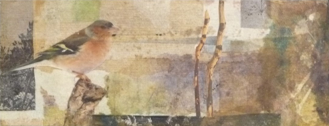 Zeitgenössische Collage "Buchfink" in Querformat (12x30x4cm) auf einer Box, aus handgefärbten Papieren und Stoffen mit Naturthema.