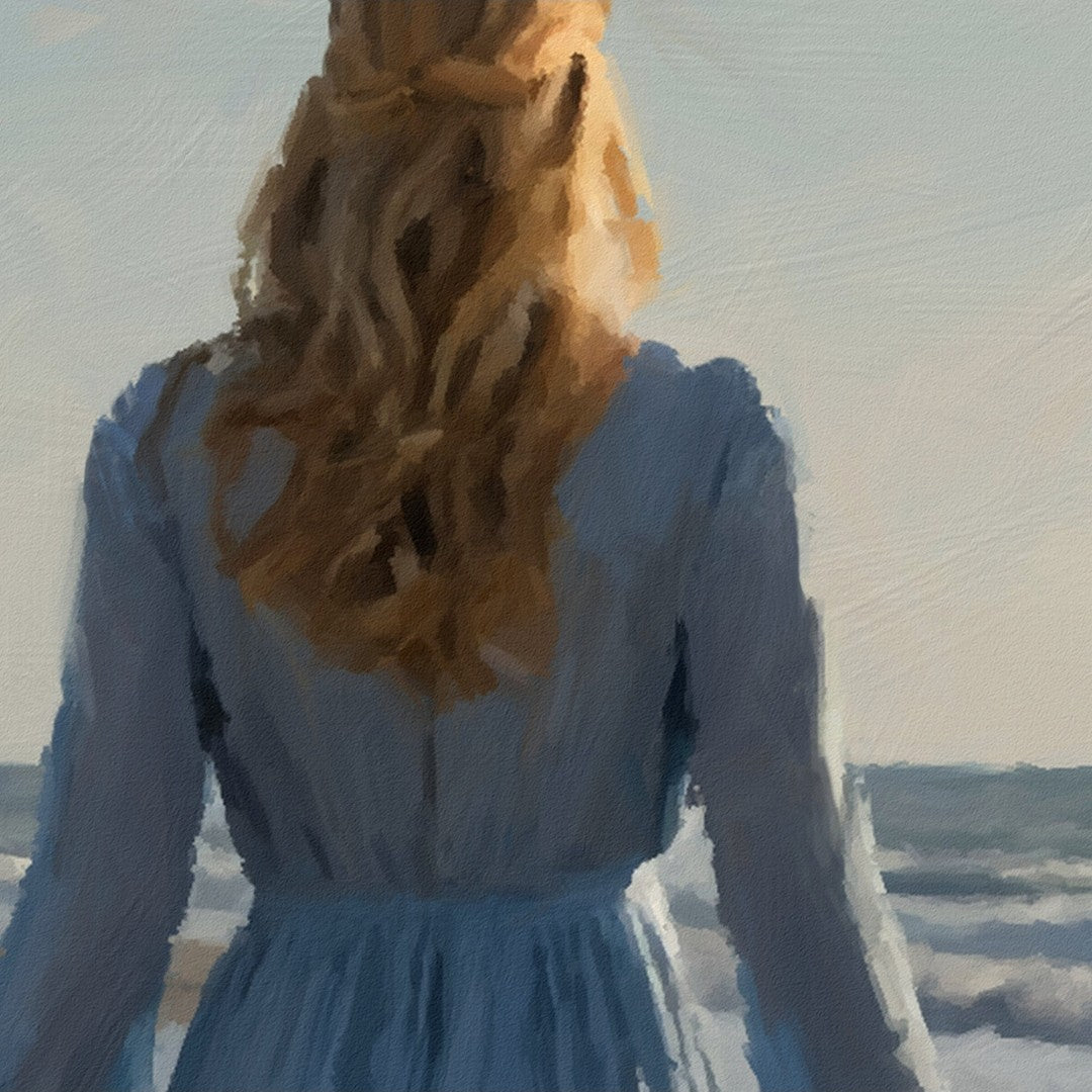Das fotorealistische Digitalgemälde "València" von nostrokesbitte zeigt eine Frau mit blondem Haar und blauem, fließendem Kleid, die von hinten am Strand entlanggeht. Sie blickt über das Meer, dessen Wellen sanft ausrollen. Das Bild, Teil der Serie "Rueckenfiguren", verbindet die romantische Ästhetik Caspar David Friedrichs mit zeitgenössischer Fotografie. Das Werk ist auf Leinwand gedruckt und in limitierter Auflage bei ARTSPACER erhältlich.