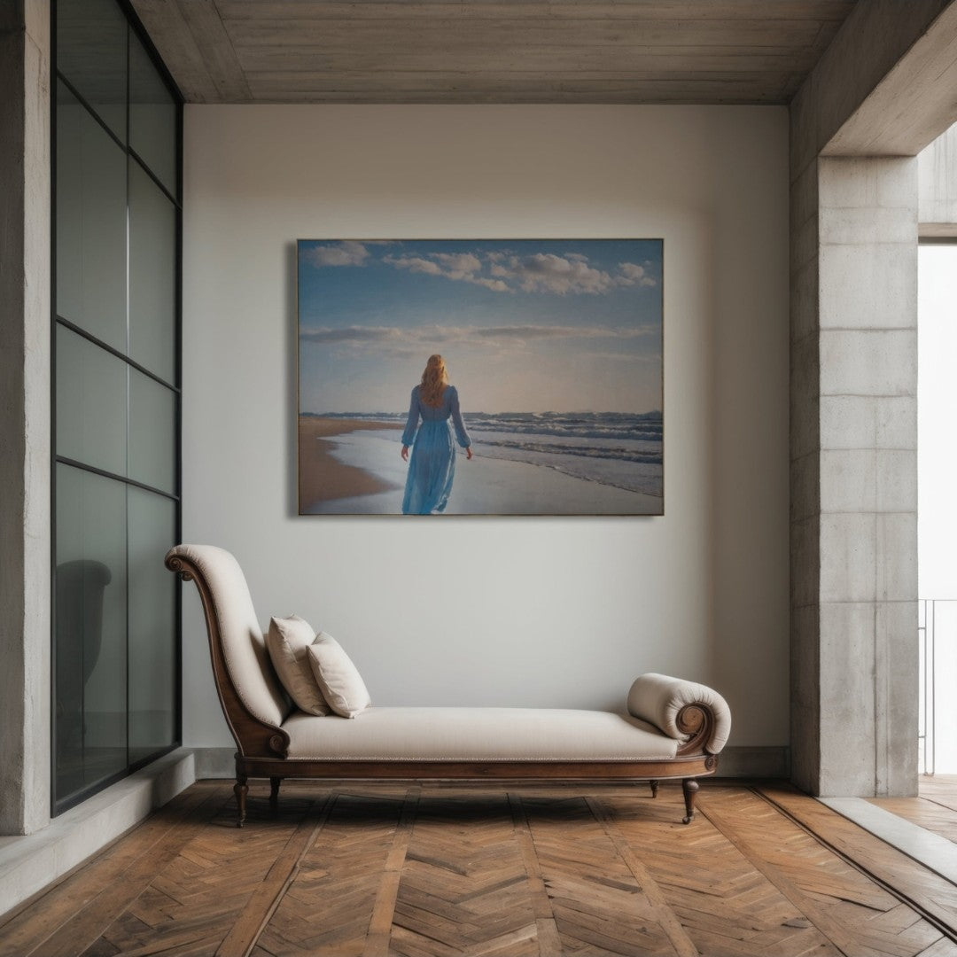 Das fotorealistische Digitalgemälde "València" von nostrokesbitte zeigt eine Frau mit blondem Haar und blauem, fließendem Kleid, die von hinten am Strand entlanggeht. Sie blickt über das Meer, dessen Wellen sanft ausrollen. Das Bild, Teil der Serie "Rueckenfiguren", verbindet die romantische Ästhetik Caspar David Friedrichs mit zeitgenössischer Fotografie. Das Werk ist auf Leinwand gedruckt und in limitierter Auflage bei ARTSPACER erhältlich.