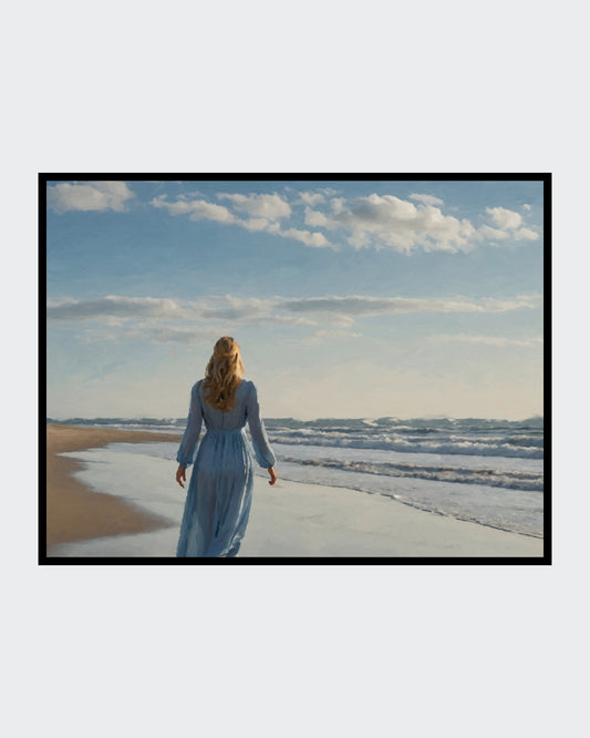 Das fotorealistische Digitalgemälde "València" von nostrokesbitte zeigt eine Frau mit blondem Haar und blauem, fließendem Kleid, die von hinten am Strand entlanggeht. Sie blickt über das Meer, dessen Wellen sanft ausrollen. Das Bild, Teil der Serie "Rueckenfiguren", verbindet die romantische Ästhetik Caspar David Friedrichs mit zeitgenössischer Fotografie. Das Werk ist auf Leinwand gedruckt und in limitierter Auflage bei ARTSPACER erhältlich.