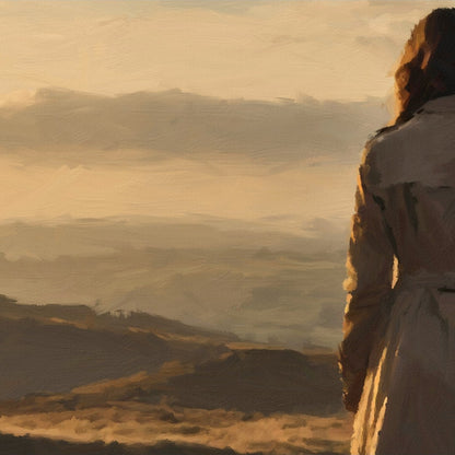 Das fotorealistische Digitalgemälde "Uckermark" aus der Serie "Rueckenfiguren" von nostrokes zeigt eine Person von hinten, die auf einem Feldweg steht und in die Ferne blickt. Die Silhouette der Person hebt sich vor dem warmen, orange-gelben Licht der Abendsonne ab, die über eine weite, landwirtschaftlich genutzte Fläche scheint. Das Werk ist von einer romantischen, nachdenklichen Stimmung geprägt. Es ist auf Leinwand gedruckt und in einer limitierten Edition bei ARTSPACER erhältlich.