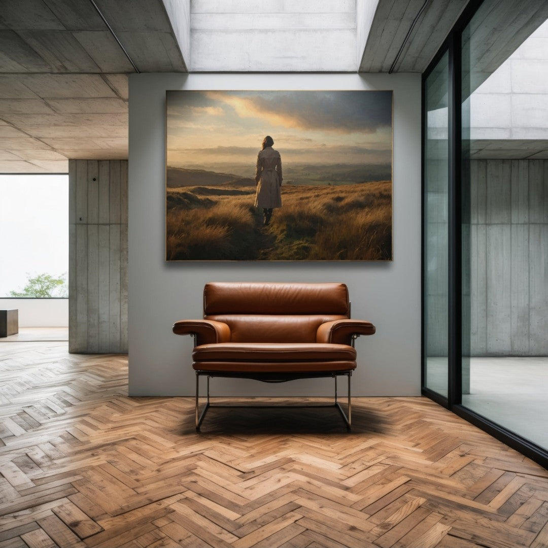 Das fotorealistische Digitalgemälde "Uckermark" aus der Serie "Rueckenfiguren" von nostrokes zeigt eine Person von hinten, die auf einem Feldweg steht und in die Ferne blickt. Die Silhouette der Person hebt sich vor dem warmen, orange-gelben Licht der Abendsonne ab, die über eine weite, landwirtschaftlich genutzte Fläche scheint. Das Werk ist von einer romantischen, nachdenklichen Stimmung geprägt. Es ist auf Leinwand gedruckt und in einer limitierten Edition bei ARTSPACER erhältlich.