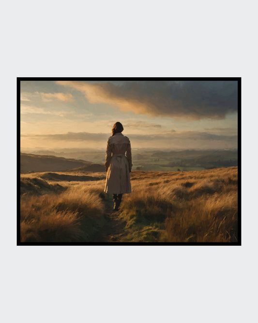 Das fotorealistische Digitalgemälde "Uckermark" aus der Serie "Rueckenfiguren" von nostrokes zeigt eine Person von hinten, die auf einem Feldweg steht und in die Ferne blickt. Die Silhouette der Person hebt sich vor dem warmen, orange-gelben Licht der Abendsonne ab, die über eine weite, landwirtschaftlich genutzte Fläche scheint. Das Werk ist von einer romantischen, nachdenklichen Stimmung geprägt. Es ist auf Leinwand gedruckt und in einer limitierten Edition bei ARTSPACER erhältlich.