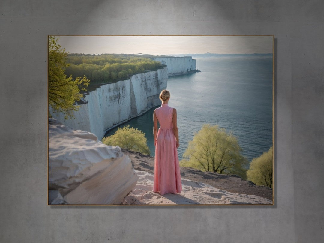 Das fotorealistische Digitalgemälde "Dover" aus der Serie "Rueckenfiguren" von nostrokes zeigt eine Person von hinten, die auf den Klippen steht und auf das Meer und die imposanten weißen Kreidefelsen blickt. Die Person trägt ein langes, pastellfarbenes, rosafarbenes Kleid und steht vor einer weiten Landschaft, die in sanftem Morgenlicht gebadet ist. Das Kunstwerk fängt eine romantische Stimmung der Reflexion und Weite ein und ist in limitierter Auflage bei ARTSPACER erhältlich.