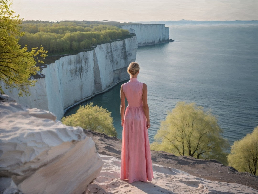 Das fotorealistische Digitalgemälde "Dover" aus der Serie "Rueckenfiguren" von nostrokes zeigt eine Person von hinten, die auf den Klippen steht und auf das Meer und die imposanten weißen Kreidefelsen blickt. Die Person trägt ein langes, pastellfarbenes, rosafarbenes Kleid und steht vor einer weiten Landschaft, die in sanftem Morgenlicht gebadet ist. Das Kunstwerk fängt eine romantische Stimmung der Reflexion und Weite ein und ist in limitierter Auflage bei ARTSPACER erhältlich.