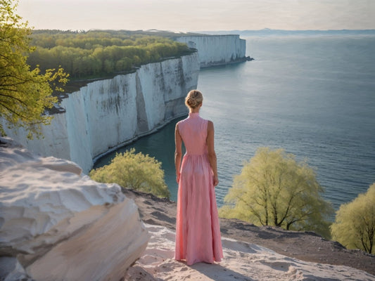 Das fotorealistische Digitalgemälde "Dover" aus der Serie "Rueckenfiguren" von nostrokes zeigt eine Person von hinten, die auf den Klippen steht und auf das Meer und die imposanten weißen Kreidefelsen blickt. Die Person trägt ein langes, pastellfarbenes, rosafarbenes Kleid und steht vor einer weiten Landschaft, die in sanftem Morgenlicht gebadet ist. Das Kunstwerk fängt eine romantische Stimmung der Reflexion und Weite ein und ist in limitierter Auflage bei ARTSPACER erhältlich.