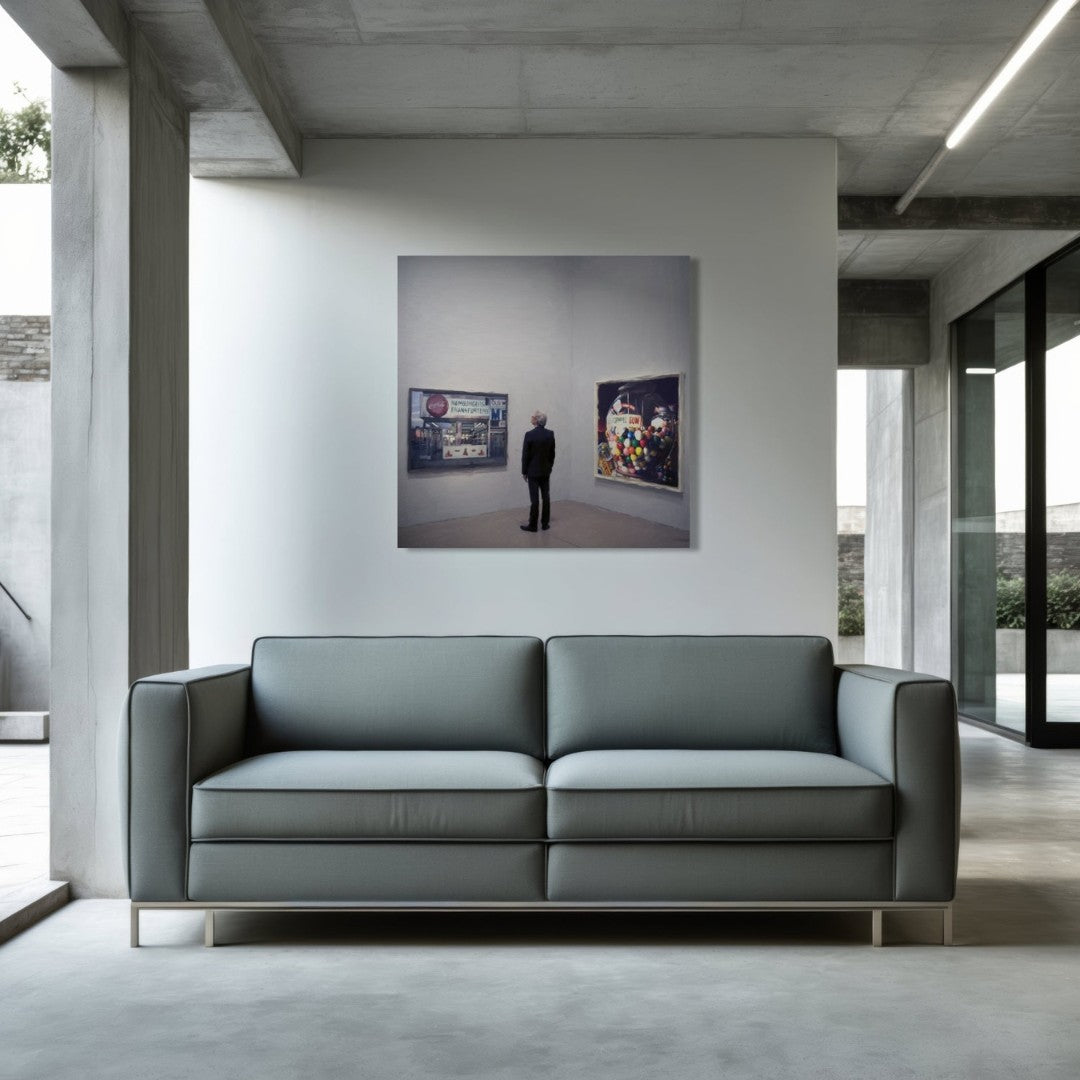 Das fotorealistische Digitalgemälde "Berlin" aus der Serie "Rueckenfiguren" von nostrokes zeigt einen Mann in einem schwarzen Anzug, der von hinten in einer Kunstgalerie steht. Er betrachtet zwei große, farbige Gemälde im Stil des Fotorealismus an einer weißen Wand. Das quadratische Werk ist in einer limitierten Edition auf Leinwand gedruckt und in der Online-Galerie ARTSPACER erhältlich.