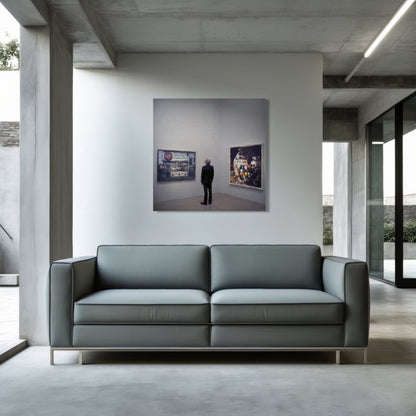 Das fotorealistische Digitalgemälde "Berlin" aus der Serie "Rueckenfiguren" von nostrokes zeigt einen Mann in einem schwarzen Anzug, der von hinten in einer Kunstgalerie steht. Er betrachtet zwei große, farbige Gemälde im Stil des Fotorealismus an einer weißen Wand. Das quadratische Werk ist in einer limitierten Edition auf Leinwand gedruckt und in der Online-Galerie ARTSPACER erhältlich.