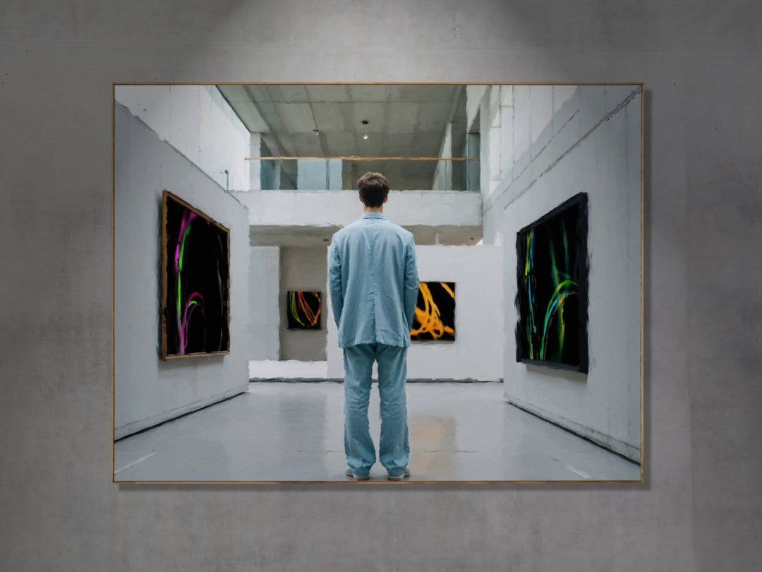 Das fotorealistische Digitalgemälde "Bilbao" aus der Serie "Rueckenfiguren" von nostrokes zeigt eine Person, die von hinten in einem großen, hellen, modernen Gebäude steht. Die Person trägt einen hellblauen Anzug und blickt auf die gegenüberliegenden Wände, an denen moderne, leuchtende Gemälde hängen. Das quadratische Werk ist in einer limitierten Edition auf Leinwand gedruckt und in der Online-Galerie ARTSPACER erhältlich.