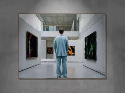Das fotorealistische Digitalgemälde "Bilbao" aus der Serie "Rueckenfiguren" von nostrokes zeigt eine Person, die von hinten in einem großen, hellen, modernen Gebäude steht. Die Person trägt einen hellblauen Anzug und blickt auf die gegenüberliegenden Wände, an denen moderne, leuchtende Gemälde hängen. Das quadratische Werk ist in einer limitierten Edition auf Leinwand gedruckt und in der Online-Galerie ARTSPACER erhältlich.