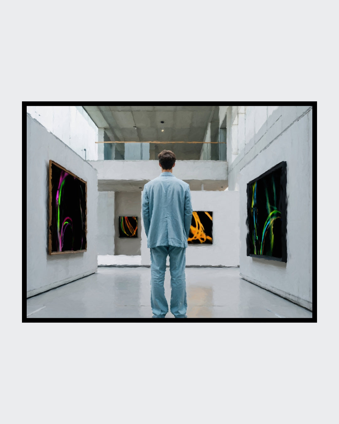 Das fotorealistische Digitalgemälde "Bilbao" aus der Serie "Rueckenfiguren" von nostrokes zeigt eine Person, die von hinten in einem großen, hellen, modernen Gebäude steht. Die Person trägt einen hellblauen Anzug und blickt auf die gegenüberliegenden Wände, an denen moderne, leuchtende Gemälde hängen. Das quadratische Werk ist in einer limitierten Edition auf Leinwand gedruckt und in der Online-Galerie ARTSPACER erhältlich.
