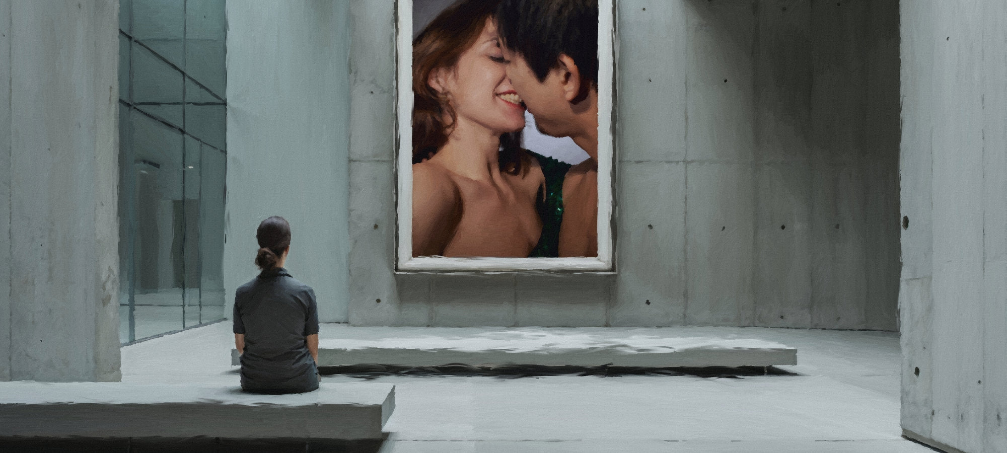 Ein Kompositbild des Berliner Künstlers nostrokes für die Online-Galerie ARTSPACER. Eine Frau sitzt mit dem Rücken zum Betrachter auf einer Bank in einer modernen, minimalistischen Galerie und betrachtet ein großes Gemälde, das ein inniges Kuss-Moment zwischen zwei Personen darstellt. Dieses Bild repräsentiert die Ausstellung des Künstlers auf der Plattform.