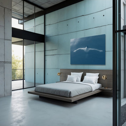 Das Kunstwerk "Christianisierung Brandenburgs" des Künstlers nostrokesbitte zeigt ein digitales Gemälde im fotorealistischen Stil. Es ist ein Porträt, das eine Person von oben im Wasser liegend darstellt. Die Person blickt direkt auf den Betrachter und hat die Arme ausgebreitet. Das Bild ist in kühlen, bläulichen Farbtönen gehalten, die die Wasseroberfläche darstellen. Das Werk wurde auf Leinwand gedruckt und ist in einer limitierten Edition über die Online-Galerie ARTSPACER erhältlich.