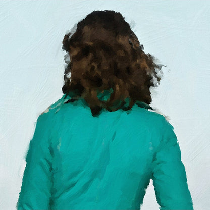 Das Kunstwerk "War's das?" des Künstlers nostrokesbitte ist ein digitales Gemälde im Stil des Fotorealismus. Es zeigt eine Frau von hinten, die in der Mitte eines breiten, asphaltierten Weges steht und einen kleinen Koffer hält. Sie trägt einen türkisfarbenen Mantel und blickt auf einen weiten, klaren Himmel. Die gesamte Szene ist in den sanften, gedeckten Farbtönen einer Morgenstimmung gehalten. Das Gemälde wurde auf Leinwand gedruckt und ist in limitierter Auflage in der Online-Galerie ARTSPACER erhält