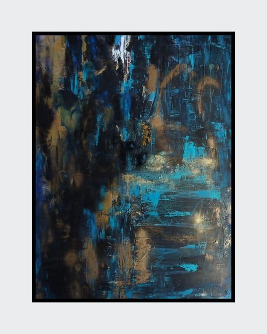 Abstraktes Gemälde "Goldene Akzente" von Olga Kühn (100x80 cm). Mischtechnik auf Leinwand mit minimalistischer Farbpalette in Türkis, Gold und Schwarz.