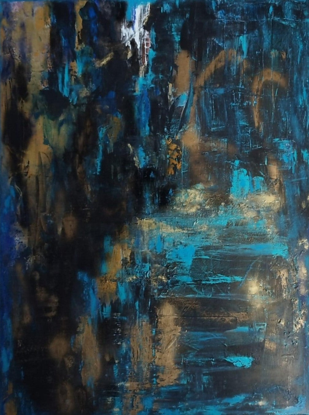 Abstraktes Gemälde "Goldene Akzente" von Olga Kühn (100x80 cm). Mischtechnik auf Leinwand mit minimalistischer Farbpalette in Türkis, Gold und Schwarz.