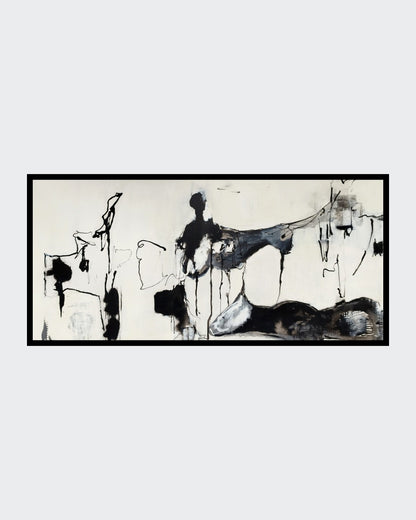 Abstraktes Gemälde "Schwarzflut" von Olga Kühn (50x100 cm). Intuitive Mischtechnik auf Leinwand in Schwarz-, Grau- und Weißtönen.
