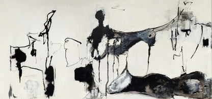 Abstraktes Gemälde "Schwarzflut" von Olga Kühn (50x100 cm). Intuitive Mischtechnik auf Leinwand in Schwarz-, Grau- und Weißtönen.