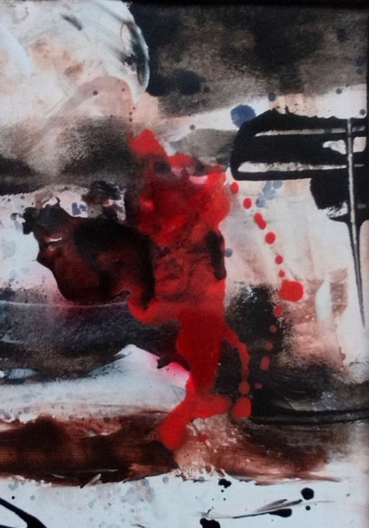 Abstrakte Mischtechnik „Stille Kontraste 02“ von Olga Kühn auf Papier mit Flächen in Schwarz, Weiß und Braun sowie einem intensiven roten Farbakzent, gerahmt mit Passepartout.
