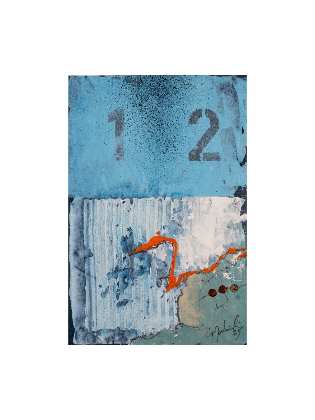 Zeitgenössische Acrylmalerei „001_2025“ von Peter Jaschinski (Wuppertal). Maritim inspirierte Abstraktion auf Packpapier mit typografischen Elementen und markanter Textur, präsentiert in einem weißen Passepartout.