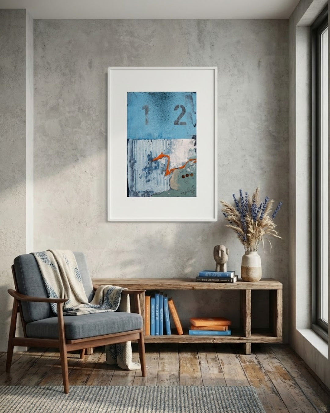 Zeitgenössische Acrylmalerei „001_2025“ von Peter Jaschinski (Wuppertal). Maritim inspirierte Abstraktion auf Packpapier mit typografischen Elementen und markanter Textur, präsentiert in einem weißen Passepartout.