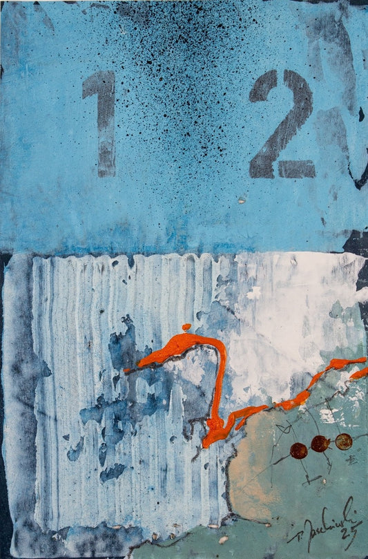 Zeitgenössische Acrylmalerei „001_2025“ von Peter Jaschinski (Wuppertal). Maritim inspirierte Abstraktion auf Packpapier mit typografischen Elementen und markanter Textur, präsentiert in einem weißen Passepartout.