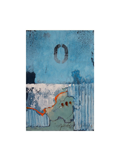 Abstraktes Unikat „002_2025“ von Peter Jaschinski: Vielschichtige Mischtechnik auf Packpapier mit maritimen Einflüssen, haptischen Oberflächenstrukturen und dem für den Künstler typischen Spiel aus Linien und Farbflächen.