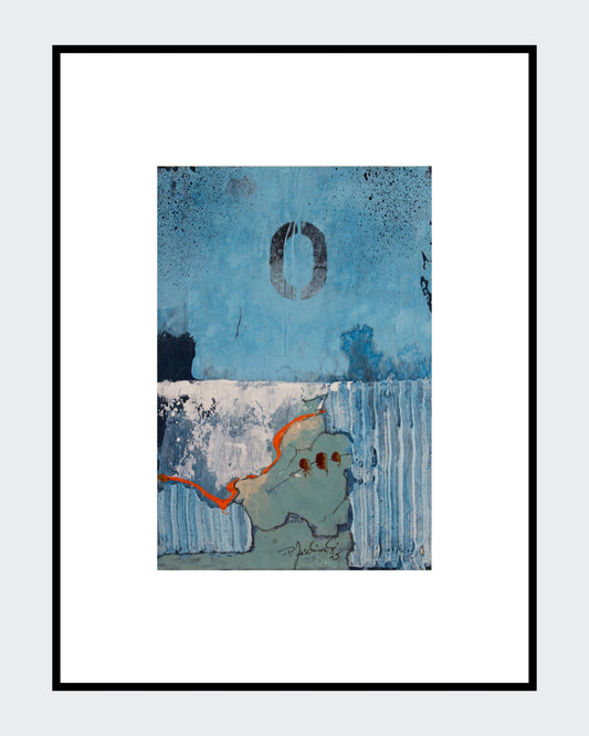 Abstraktes Unikat „002_2025“ von Peter Jaschinski: Vielschichtige Mischtechnik auf Packpapier mit maritimen Einflüssen, haptischen Oberflächenstrukturen und dem für den Künstler typischen Spiel aus Linien und Farbflächen.