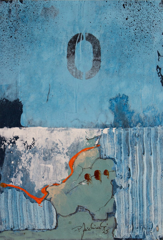 Abstraktes Unikat „002_2025“ von Peter Jaschinski: Vielschichtige Mischtechnik auf Packpapier mit maritimen Einflüssen, haptischen Oberflächenstrukturen und dem für den Künstler typischen Spiel aus Linien und Farbflächen.