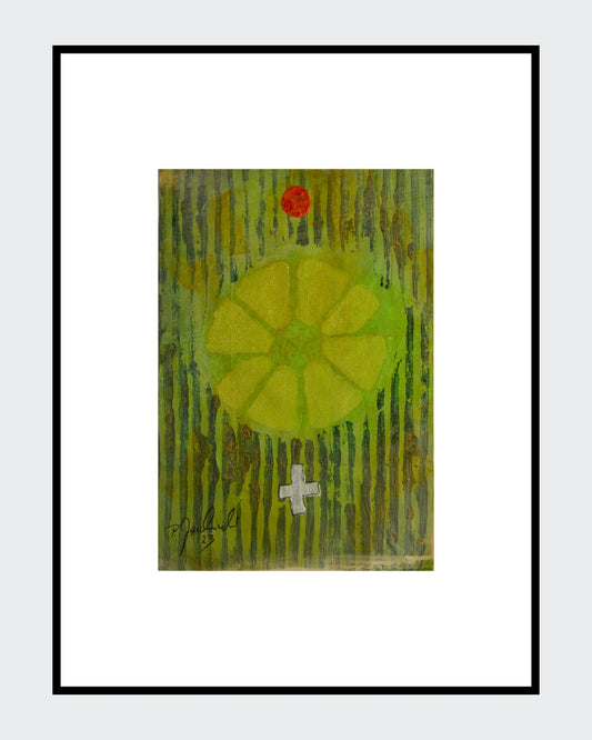 Zeitgenössische Kunst von Peter Jaschinski: Das Werk thematisiert den Kreis als Symbol für den Kreislauf des Lebens. Abstraktes Gemälde in Mischtechnik mit Fokus auf alchemistische Naturgedanken, montiert auf weißem Karton (40x30 cm).