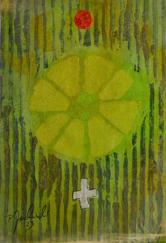 Zeitgenössische Kunst von Peter Jaschinski: Das Werk thematisiert den Kreis als Symbol für den Kreislauf des Lebens. Abstraktes Gemälde in Mischtechnik mit Fokus auf alchemistische Naturgedanken, montiert auf weißem Karton (40x30 cm).