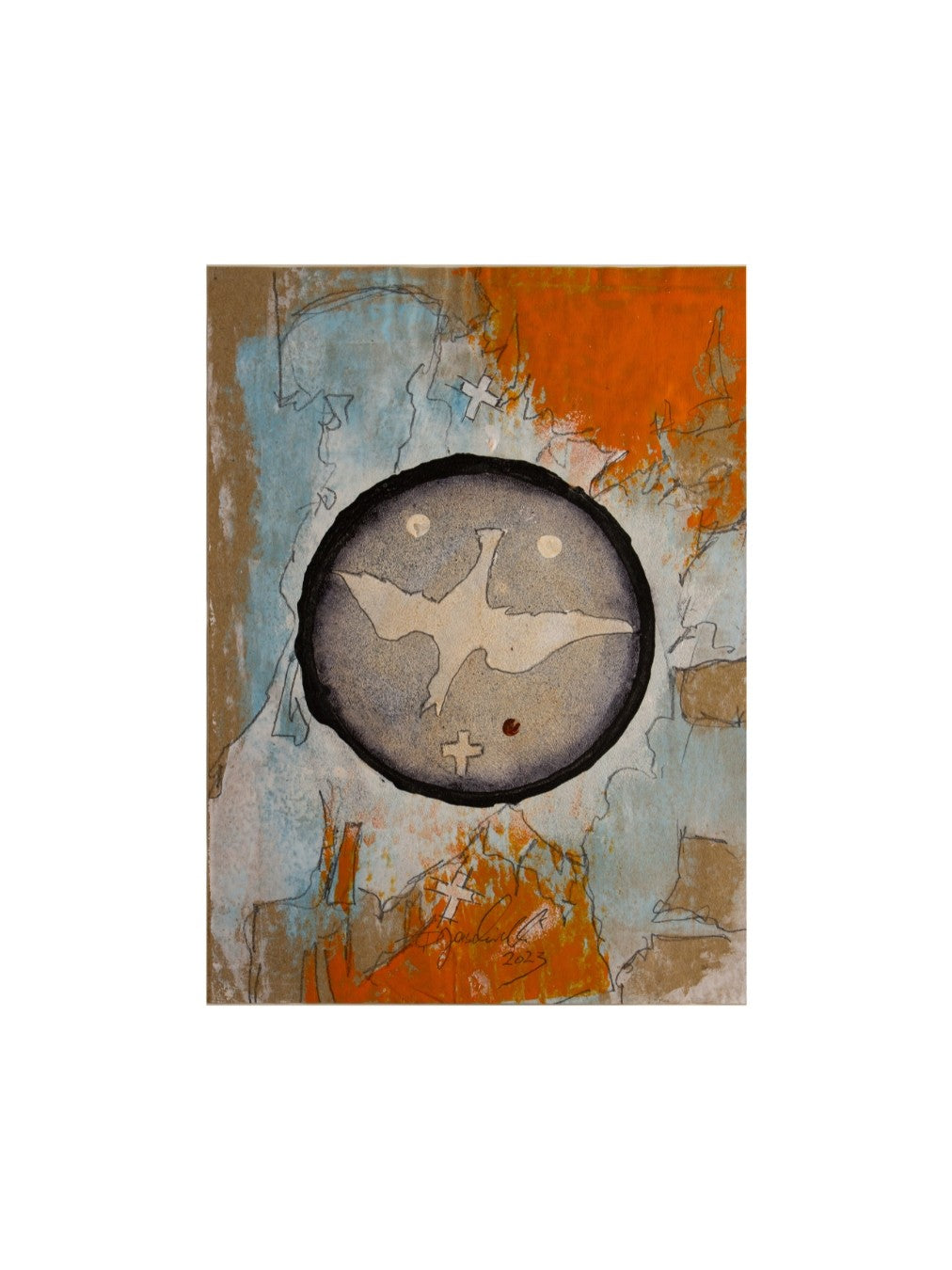 Zeitgenössische Kunst von Peter Jaschinski: Zentrale Kreiskomposition mit Tauben-Symbol und kleinen Kreuzen auf strukturiertem Grund. Handgemaltes Unikat, das alchemistische Zyklen in moderner Abstraktion darstellt.