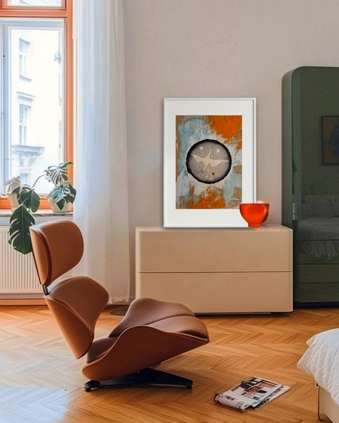 Zeitgenössische Kunst von Peter Jaschinski: Zentrale Kreiskomposition mit Tauben-Symbol und kleinen Kreuzen auf strukturiertem Grund. Handgemaltes Unikat, das alchemistische Zyklen in moderner Abstraktion darstellt.