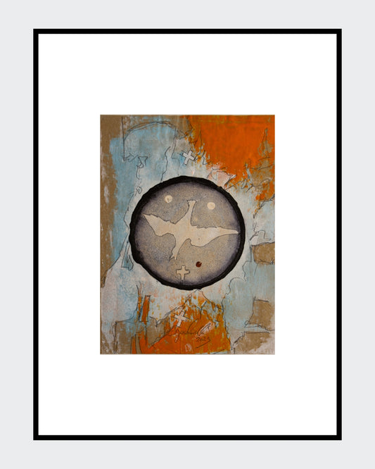 Zeitgenössische Kunst von Peter Jaschinski: Zentrale Kreiskomposition mit Tauben-Symbol und kleinen Kreuzen auf strukturiertem Grund. Handgemaltes Unikat, das alchemistische Zyklen in moderner Abstraktion darstellt.