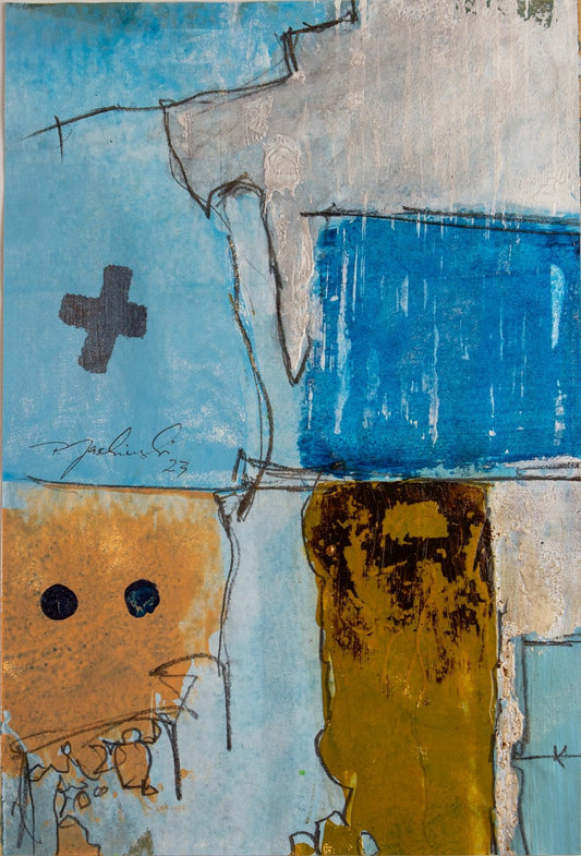 Abstraktes Werk „008_2023“ von Peter Jaschinski: Mischtechnik auf Papier in Blau, Ocker und Weiß mit einem markanten schwarzen Kreuz im oberen linken Quadranten. Die Komposition zeigt blockhafte Farbflächen und feine Linienzeichnungen, die alchemistische Elemente symbolisieren.