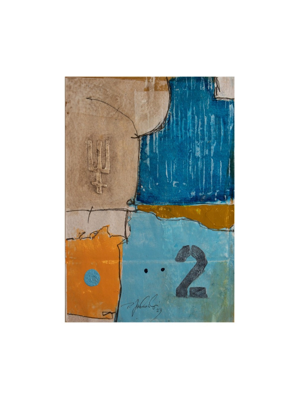 Abstraktes Werk „009_2023“ von Peter Jaschinski: Vertikal gegliederte Farbflächen in Blau, Ocker und Braun mit schwarzen grafischen Linien und haptischen Strukturen auf Papier.